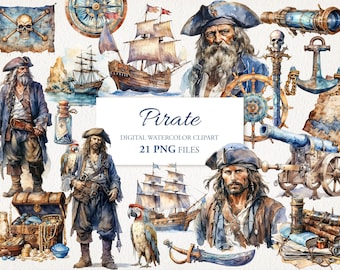 Pirate Nautical Watercolor Clipart PNG Bundle. AI Illustration. Digital Download. Commercial Use. Sea Scrapbook Junk Journal. 21 PACK