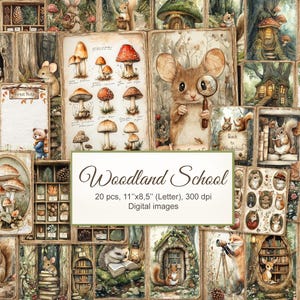 May include: A collection of charming woodland illustrations with animals, mushrooms, and forest scenes. The artwork includes a mouse with a magnifying glass, a bear, and an owl. The text "Woodland School" is displayed, along with dimensions of 28cm x 22cm.