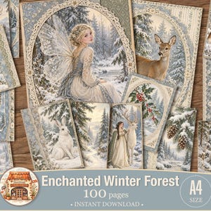 May include: A collection of A4 size digital paper sheets featuring an Enchanted Winter Forest theme with illustrations of fairies, deer, foxes, rabbits, owls, and wolves in snowy landscapes, accented with lace borders and pine cones.