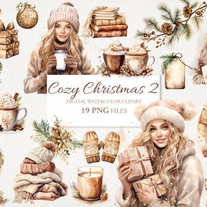 Cosy Brown Weihnachten Winter Aquarell Clipart PNG Bundle. AI Illustration. Sofortiger Download für kommerzielle Nutzung. Junk Journal. Scrapbooking.