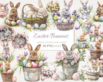 May include: A digital watercolor clipart set of 20 Easter bunnies in various poses, holding Easter eggs, sitting in baskets, and surrounded by spring flowers. The text "Easter Bunnies" and "20 PNG Files" is included in the image.