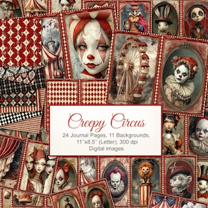 May include: A collage of digital images with a creepy circus theme. The images include clowns, a Ferris wheel, and vintage-style backgrounds. The text on the image reads "Creepy Circus" and lists the number of journal pages and backgrounds.