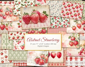 Peut inclure: Un collage d'images numériques sur le thème de la fraise. Les images comprennent des peintures à l'aquarelle, des motifs et des textures. Le texte "Abstract Strawberry" est affiché sur une étiquette rectangulaire, avec les dimensions des images: 27,9 cm x 21,6 cm.