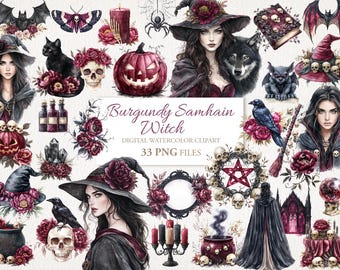 May include: A digital watercolor clipart set featuring a burgundy witch with a black cat, a pumpkin, a raven, a cauldron, and other Halloween-themed elements. The set includes 33 PNG files.