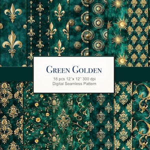 Może przedstawiać: Zestaw 18 cyfrowych wzorów bez szwów w kolorze zielonym i złotym. Wzory obejmują lilie, gwiazdy i zwoje. "GREEN GOLDEN 18 pcs 12" x 12" 300 dpi Digital Seamless Pattern" jest napisane białym kolorem na czarnym prostokącie.