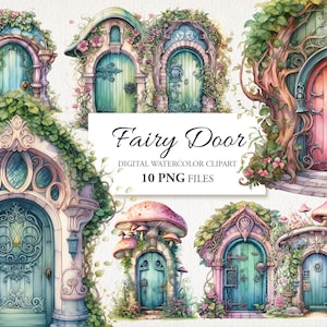 Fairy deuren aquarel clipart png bundel. Fantasie magische deuren.  Betoverde tuin. AI-illustratie. Direct downloaden voor commercieel gebruik.