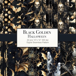 Puede incluir: Un conjunto de 22 patrones digitales sin costuras con diseños de Halloween en negro y dorado. Los patrones incluyen calaveras, murciélagos, velas y elementos florales.