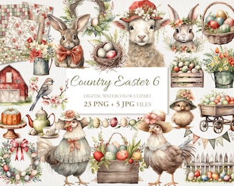 Pode incluir: Um conjunto de 28 ilustrações de aquarela de clipart com tema de Páscoa. O conjunto inclui um cordeiro, pintinhos, coelhos, um galo, um pássaro, ovos, cestas, um celeiro, um bule, um bolo, uma coroa, uma cerca e uma carroça. As imagens são em estilo campestre com cores pastel e detalhes florais. O texto "Country Easter 6" está incluído na imagem.