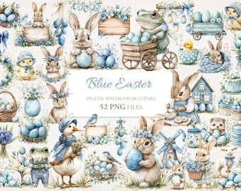 Pode incluir: Conjunto de clipart digital de aquarela azul de Páscoa com 52 arquivos PNG. O conjunto inclui coelhos, patos, sapos, ovos, flores e outros elementos com tema de Páscoa.