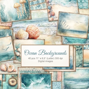 Oceaan Zee Zomervakantie Junk Journal Achtergronden Afdrukbare pagina's. Abstract, bloemen, damast. Digitale download. AI-illustratie. VERPAKKING VAN 40