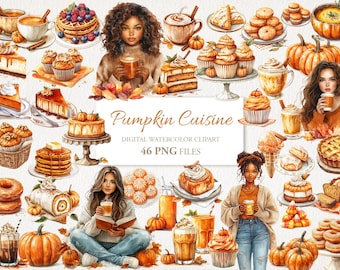 May include: Watercolor clipart set featuring pumpkin-themed illustrations. Includes images of pumpkins, pies, pastries, coffee, and people. The text "Pumpkin Cuisine" is featured in the center of the image.  46 PNG files are included.