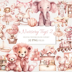 Kinderzimmer Spielzeug Newborn Zimmer Aquarell Clipart PNG Bundle. rosa Baby Kinder Art. KI Illustration. Sofort Download Kommerzielle Nutzung. 32 PACK