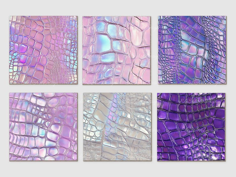 May include: Six digital paper textures featuring a holographic iridescent crocodile skin pattern in shades of pink, purple, and silver.