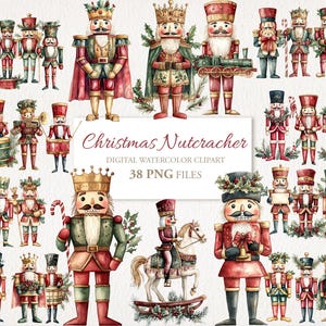 Könnte beinhalten: Aquarell-Clipart-Set mit verschiedenen Weihnachtsnussknackern in Rot, Grün und Gold. Das Bild zeigt Nussknacker in verschiedenen Größen und Posen, einige mit Kronen und halten Gegenstände. Der Text lautet "Christmas Nutcracker" und "38 PNG FILES".