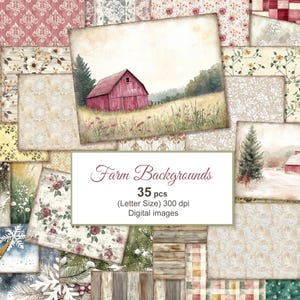 Puede incluir: Una colección de 35 fondos digitales de granja. Las imágenes presentan ilustraciones en acuarela de graneros, campos y patrones florales. La paleta de colores incluye rojos, verdes y cremas. El texto de la imagen dice "Farm Backgrounds".