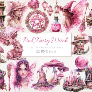 Rosa Fee Hexe Magie Hexerei Aquarell Clipart PNG Bundle. KI Illustration. Sofort Download Kommerzielle Nutzung. Sammelalbum Junk Journal