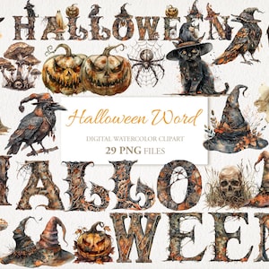 Paquete PNG de imágenes prediseñadas de acuarela de palabras de Halloween. Fuente, Letras Separadas y Decoración. Ilustración de IA. Uso comercial. Diario basura del álbum de recortes