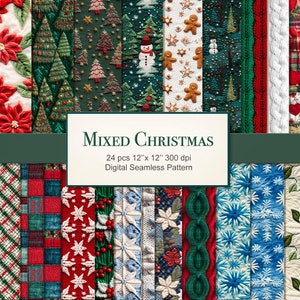 Embroidered Knitted Christmas Seamless Fabric Pattern. Patchwork Digital Paper. Commercial Use. Crafting, Scrapbook, Junk Journal. 24 PACK