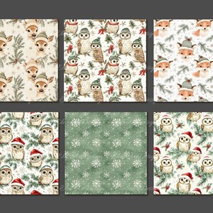 May include: Set of 6 digital seamless patterns featuring winter woodland animals and snowflakes. The patterns include owls, deer, foxes, and snowflakes in shades of green, brown, white, and red.