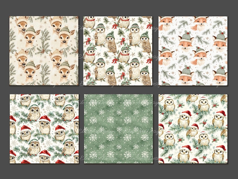 May include: Set of 6 digital seamless patterns featuring winter woodland animals and snowflakes. The patterns include owls, deer, foxes, and snowflakes in shades of green, brown, white, and red.