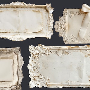 May include: Four antique white frames with ornate edges and a distressed look. The frames are made of paper or cardboard and have a vintage aesthetic.