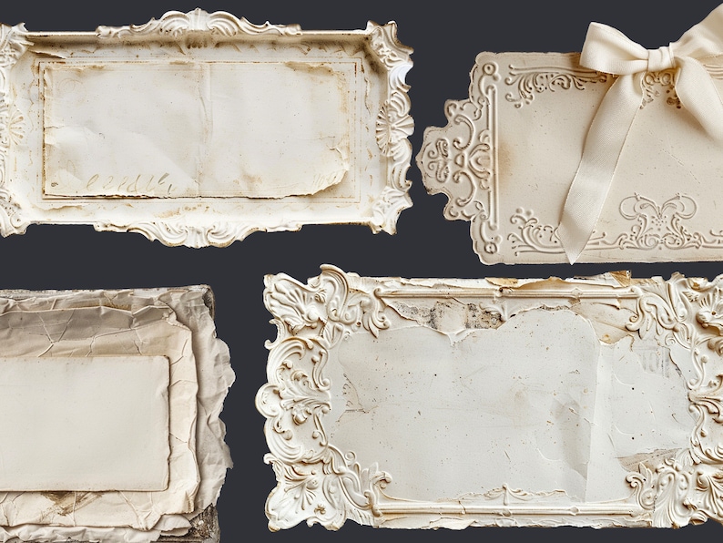 May include: Four antique white frames with ornate edges and a distressed look. The frames are made of paper or cardboard and have a vintage aesthetic.