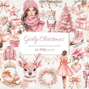 Pacchetto di clipart ad acquerello natalizio rosa dorato invernale per ragazze. Illustrazione AI. Uso commerciale. Schede di scrapbooking, diario e cianfrusaglie. 41 PNG