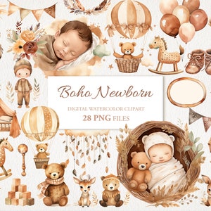 Lot de cliparts aquarelle d'anniversaire de nouveau-né marron bohème. Art de la chambre de bébé. Illustration de l'IA. Téléchargement instantané pour une utilisation commerciale