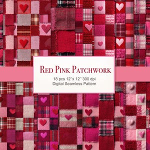Pode incluir: Um design de patchwork em tons de vermelho e rosa, com quadrados de diferentes tecidos e texturas. Acentos em forma de coração são incorporados. O texto "Red Pink Patchwork" é exibido em um retângulo branco.