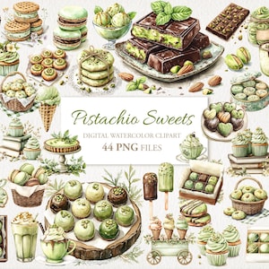 Pistacje Czekoladowe Ciasteczka Słodycze Lody Jedzenie Napoje Clipart Bundle. Ilustracja AI. Użytek komercyjny. Scrapbook Junk Journal. 44 PNG