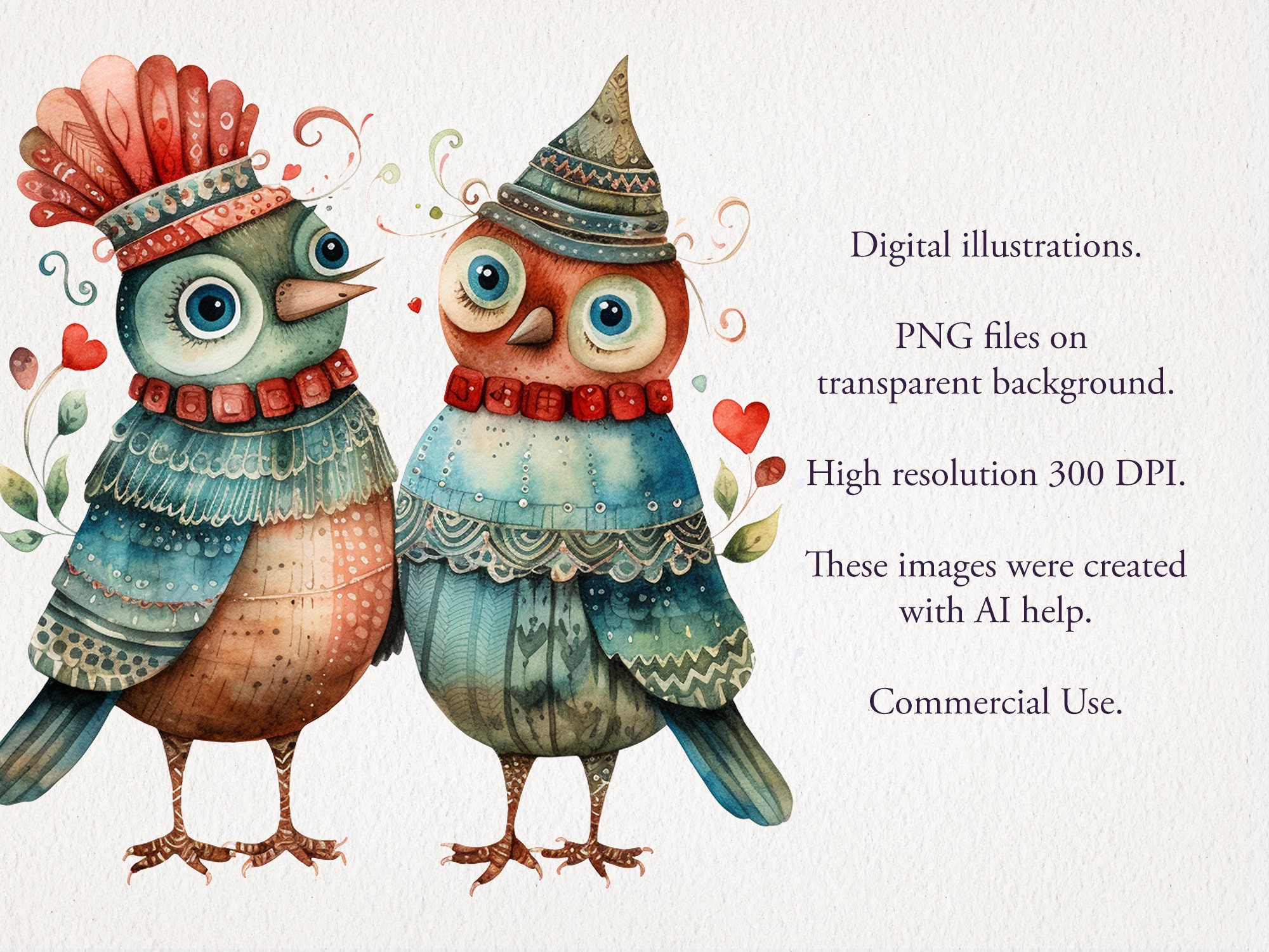 Birds in Love Valentine Cartoon Watercolor Clipart PNG Bundle. AI ...