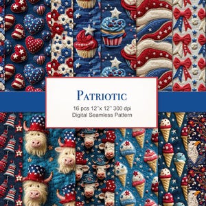 Modèle sans couture patriotique du 4 juillet. Lot de papier numérique texturé pour tissu tricoté. Utilisation commerciale. Journal de déchets de scrapbooking. PAQUET DE 16