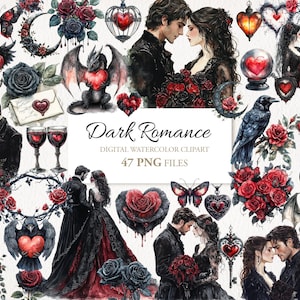 Paquete de imágenes prediseñadas PNG de acuarela de San Valentín, romance, gótico, negro y oscuro. Uso comercial. Álbum de recortes. 47 PNG