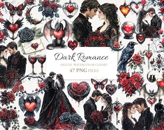May include: A digital watercolor clipart set with a dark romance theme. The set includes 47 PNG files featuring images of couples, roses, ravens, hearts, and other gothic elements.  The text "Dark Romance" and "47 PNG Files" is included in the image.