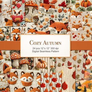 Acogedor patrón sin costuras de punto de otoño. Setas florales de búho de zorro de calabaza. Paquete digital. Uso comercial. Elaboración de un diario de álbumes de recortes. PAQUETE DE 24