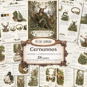 May include: A collection of 24 digital grimoire pages featuring illustrations of Cernunnos, deer, snakes, and forest elements. The pages include text titled Sacred Correspondences, Sacred Symbols, and The Antlered One, with US letter size text.
