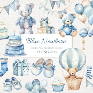 Paquete PNG de imágenes prediseñadas de acuarela de cumpleaños de recién nacido azul. Arte infantil infantil. Ilustración de IA. Descarga instantánea para uso comercial