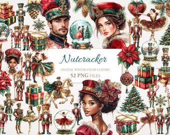 Puede incluir: Colección de imágenes prediseñadas digitales de acuarela con temática de Cascanueces. La imagen incluye retratos, cascanueces, bolas de nieve y decoraciones navideñas en rojo, verde y dorado. Se muestra el texto "Cascanueces".