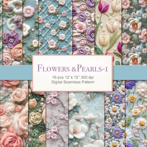Patrón floral bordado sin costuras. Paquete de papel digital con perlas y flores bordadas. Uso comercial. Tela para manualidades. Paquete de 16 unidades.