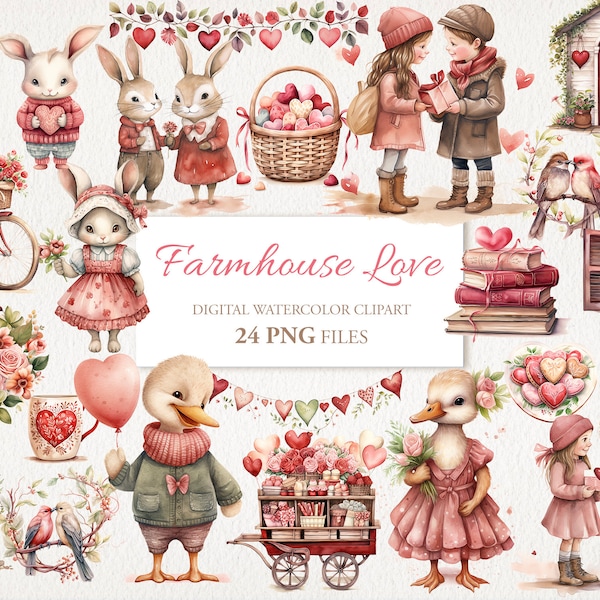 Farmhouse Love Valentine Watercolor Clipart PNG Bundle. Valentine's Day AI Illustration. Instant Download Commercial Use. Junk Journal