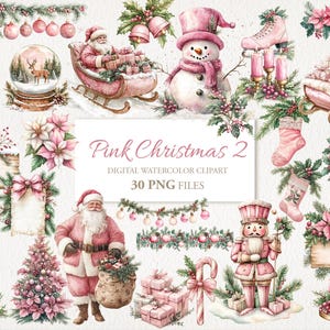 Paquete de imágenes prediseñadas de acuarela de invierno vintage de Navidad rosa. Ilustración de IA. Descarga digital. Uso comercial. Diario basura. 30 PNG