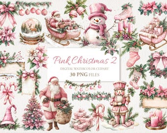 Pink Christmas Vintage Winter Watercolor Clipart Bundle. AI Illustration. Digital Download. Commercial Use. Junk Journal. 30 PNG