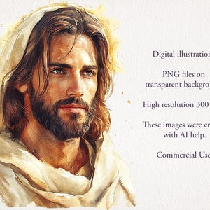 May include: Digital illustration of a man with long brown hair and a beard, wearing a white robe. The image is in a watercolor style and has a light background.