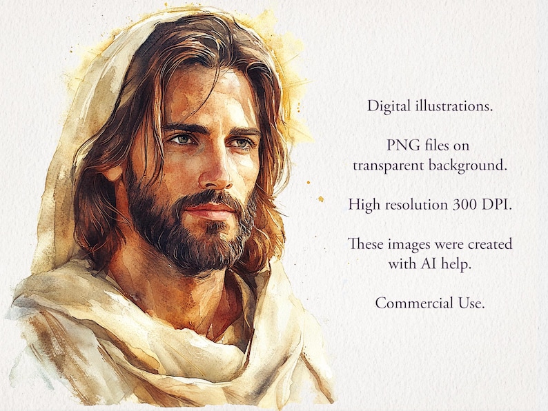 May include: Digital illustration of a man with long brown hair and a beard, wearing a white robe. The image is in a watercolor style and has a light background.