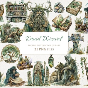 Paquete PNG de imágenes prediseñadas de acuarela del mago druida. Magia de la naturaleza. Ilustración de IA. Descarga digital. Uso comercial. Diario basura del álbum de recortes. PAQUETE DE 21