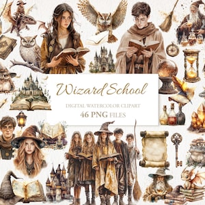 Paquete de imágenes prediseñadas de fantasía mágica de acuarela de la escuela de magos. Ilustración de IA. Uso comercial. Álbum de recortes de brujas y magos. 46 PNG
