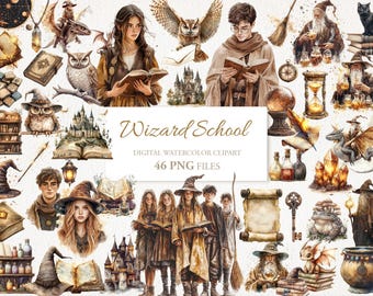 Wizard School Watercolor Magic Fantasy Clipart PNG Bundle. AI Illustration. Commercial Use. Witch Wizard Scrapbook Junk Journal. 46 PNG