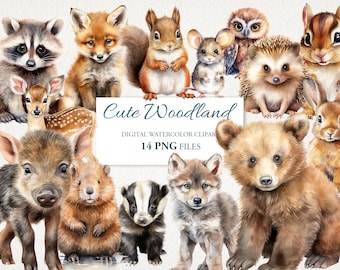 Paquete de imágenes prediseñadas PNG de animales adorables del bosque estilo caricatura acuarela. Arte infantil para guardería. Ilustración en IA. Descarga instantánea para uso comercial.