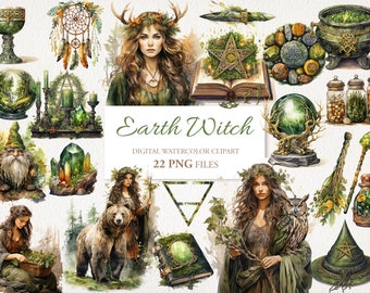 Earth Element Witch Witchcraft Watercolor Clipart PNG Bundle. AI Illustration. Instant Download for Commercial Use. Scrapbook Junk Journal