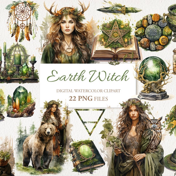 Earth Element Witch Witchcraft Watercolor Clipart PNG Bundle. AI Illustration. Instant Download for Commercial Use. Scrapbook Junk Journal